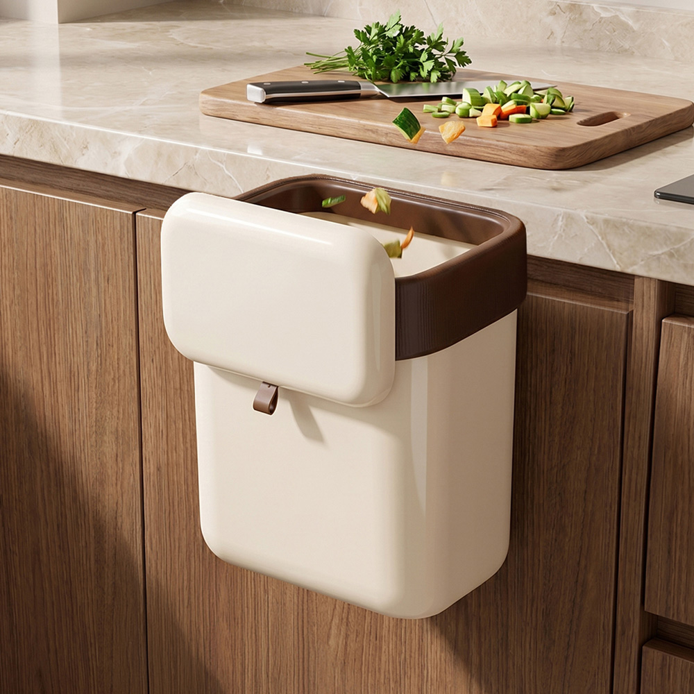 Living and Home Cream White Hanging Kitchen Bin with Lid 9L Image 2