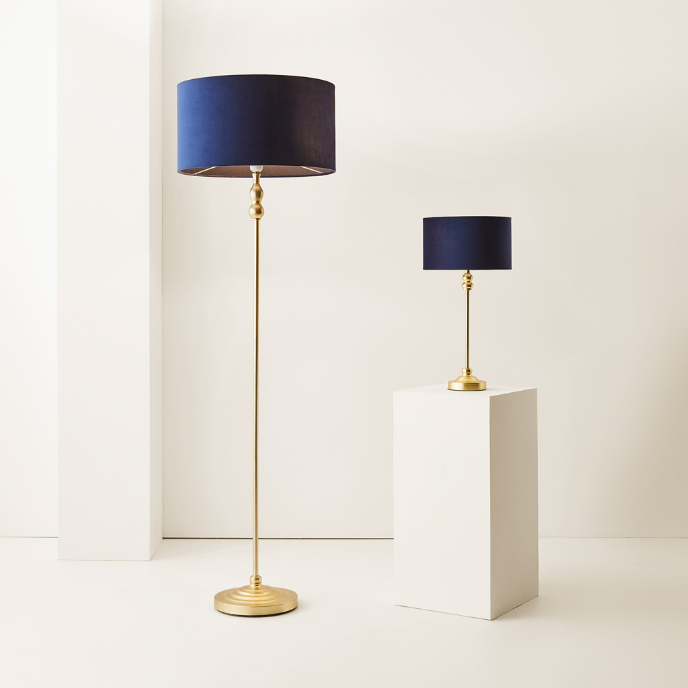 ValueLights Maggie Navy Blue Velvet and Gold Drum Shade Candlestick LED Floor Lamp Image 7