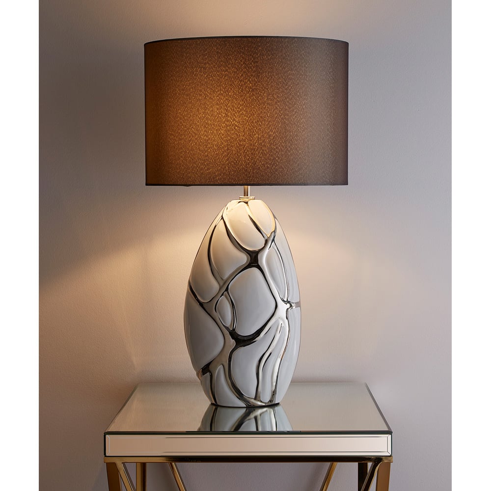 Kliving Dark Grey Pebble Shade White and Silver Ceramic Tall Table Lamp Image 3