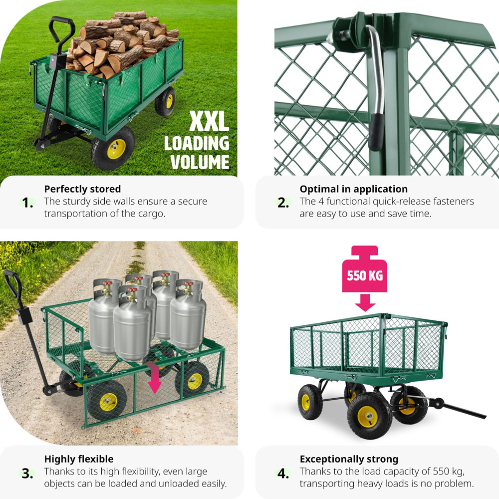 tectake Green Garden Trolley with Foldable Side Walls and Padded Handle 550kg Image 3