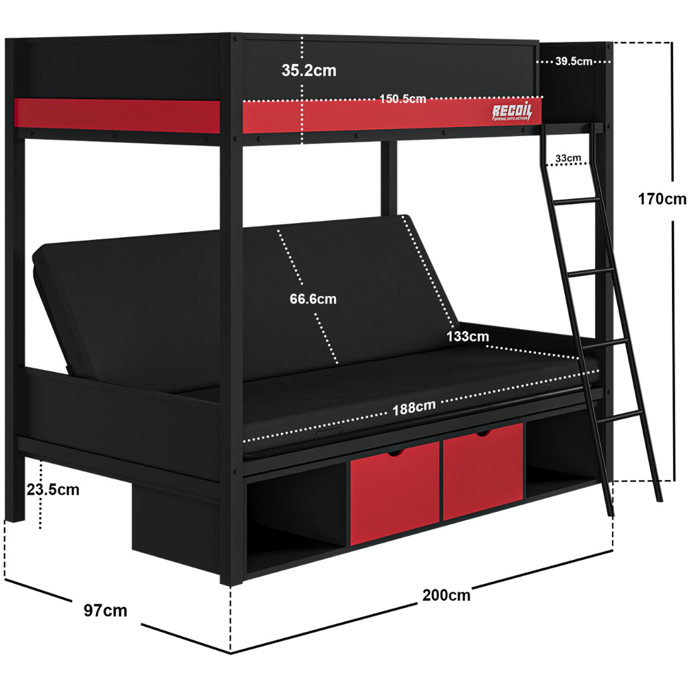 Flair Nova Black and Red Storage Gaming Metal Bunk Bed with Futon Image 7