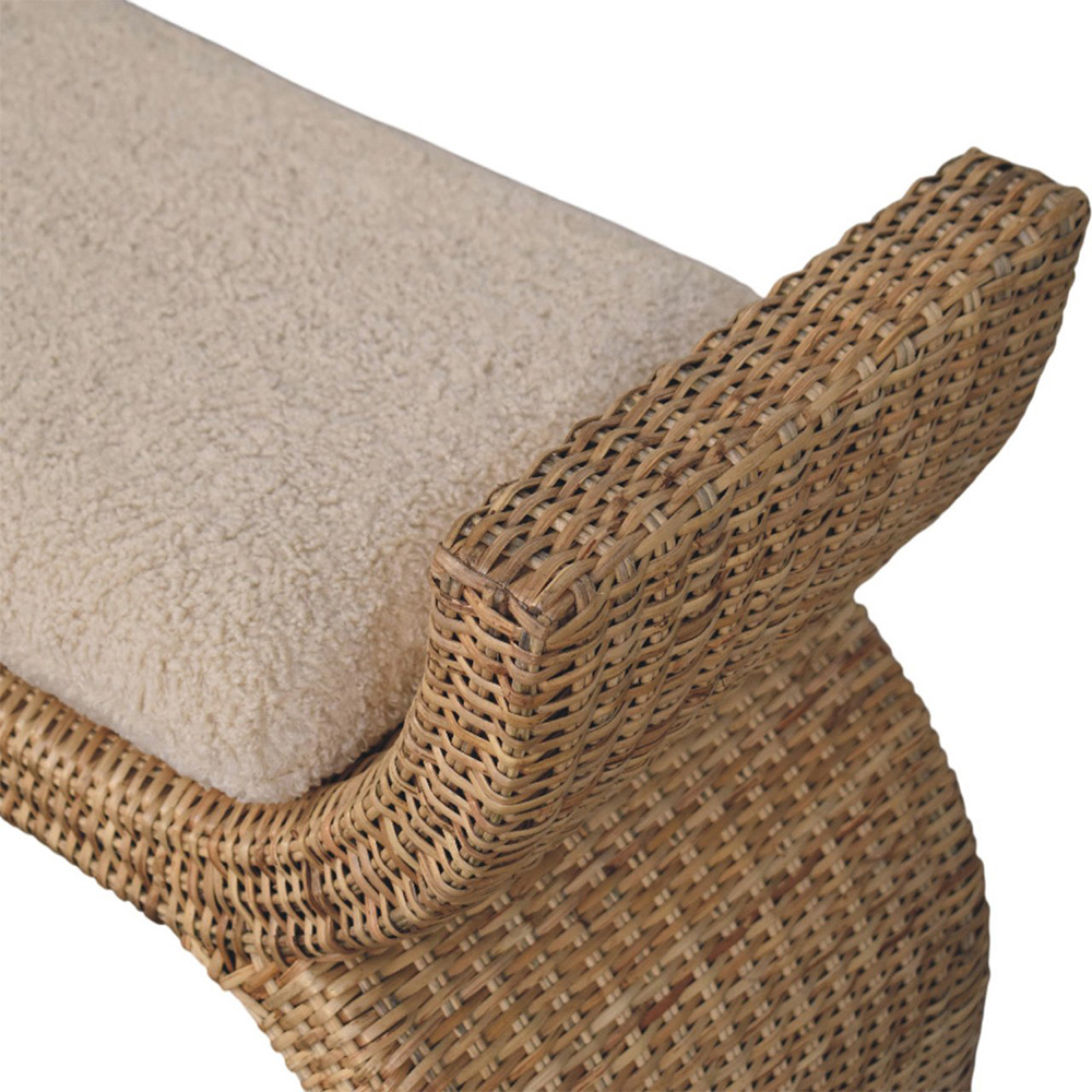 Artisan Furniture Brown and Cream Rattan Weave Boucle Upholstered Solid Wood Bench Image 7