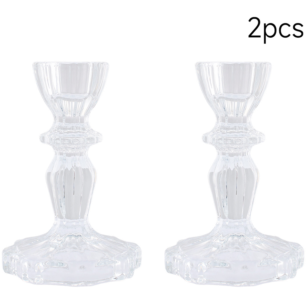 Living and Home Clear Glass Wide Base Candlestick Holder Set of 2 Image 3