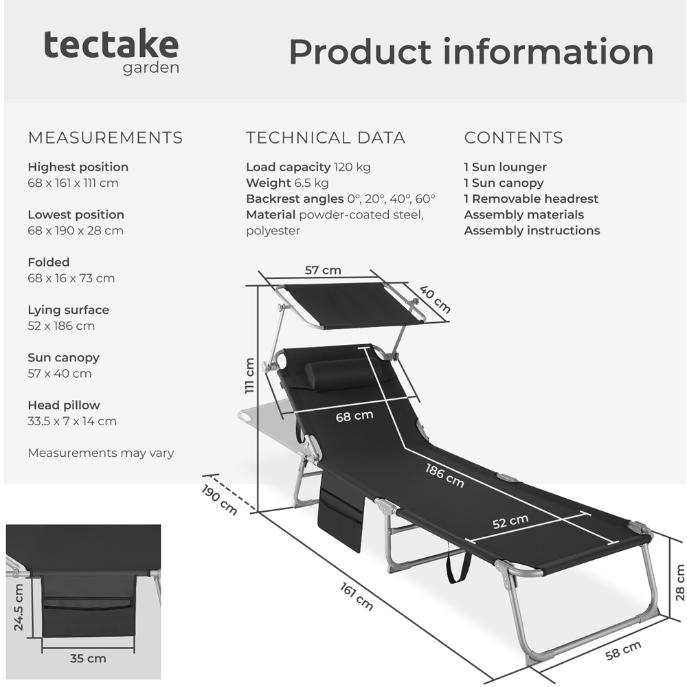 tectake Black Foldable Sun Lounger with Sun Canopy Image 9