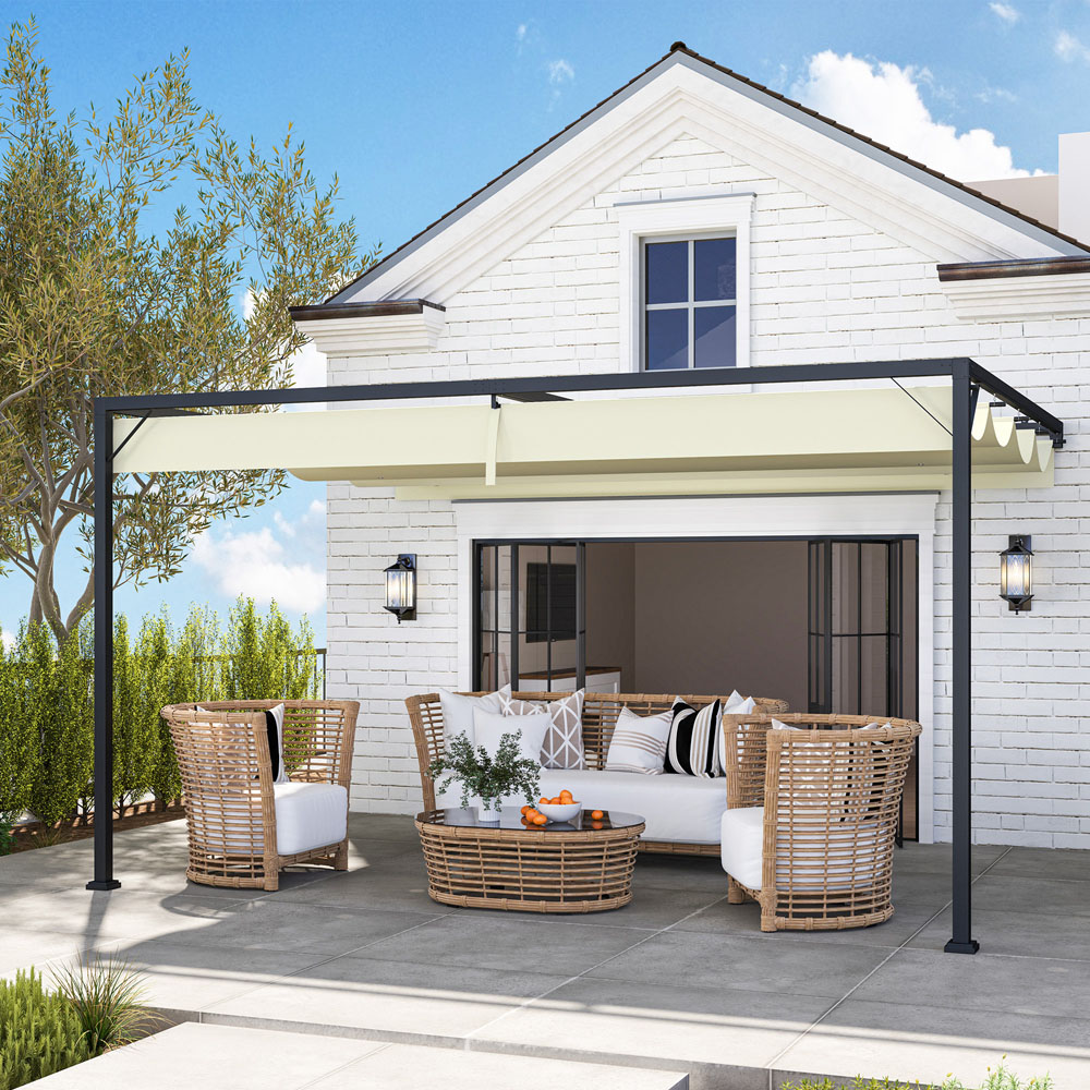 Outsunny 4 x 3m Cream Wall Mounted Pergola with Retractable Canopy Image 4