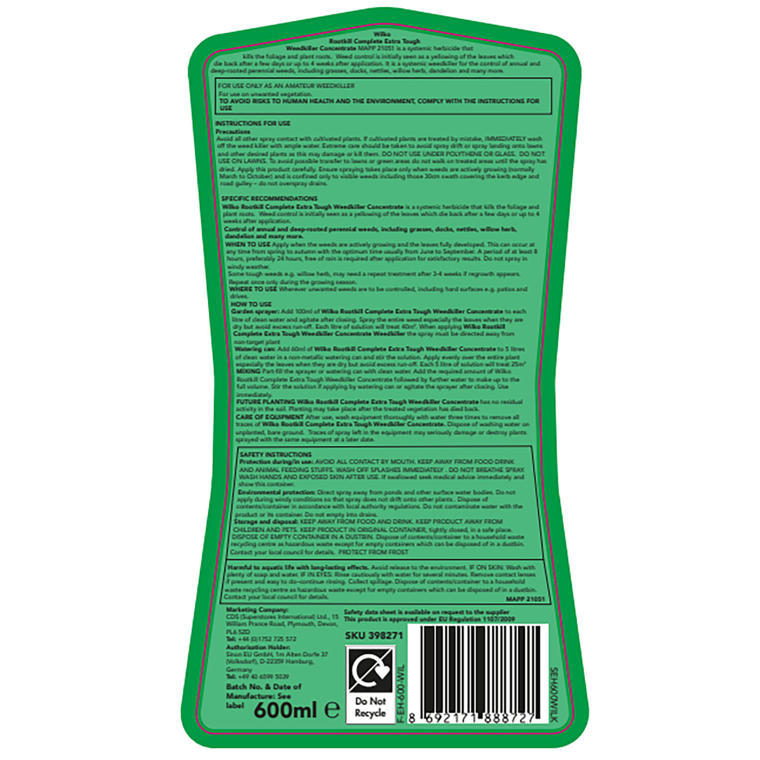 wilko Rootkill Complete Extra Tough Weed Killer Concentrate - Green Image 2