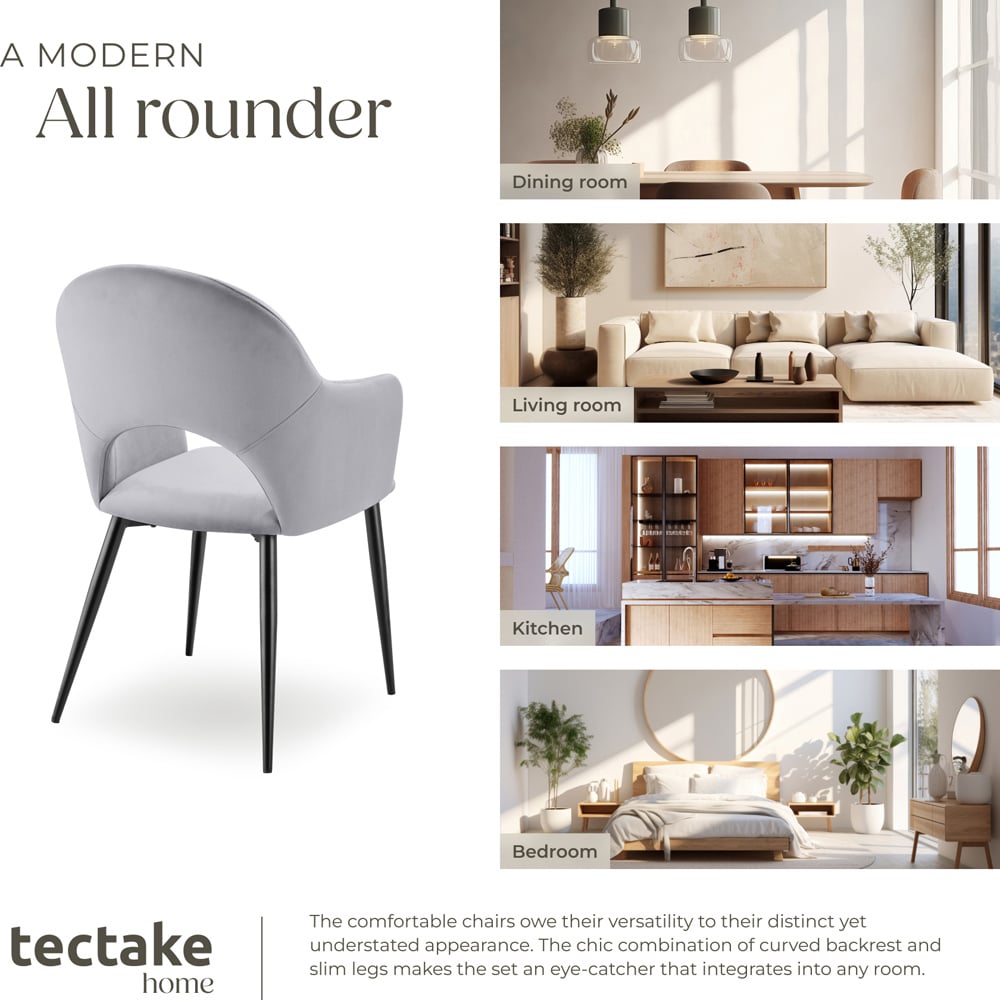 tectake Sasha Set of 6 Light Grey Velvet Look Dining Chair Image 7