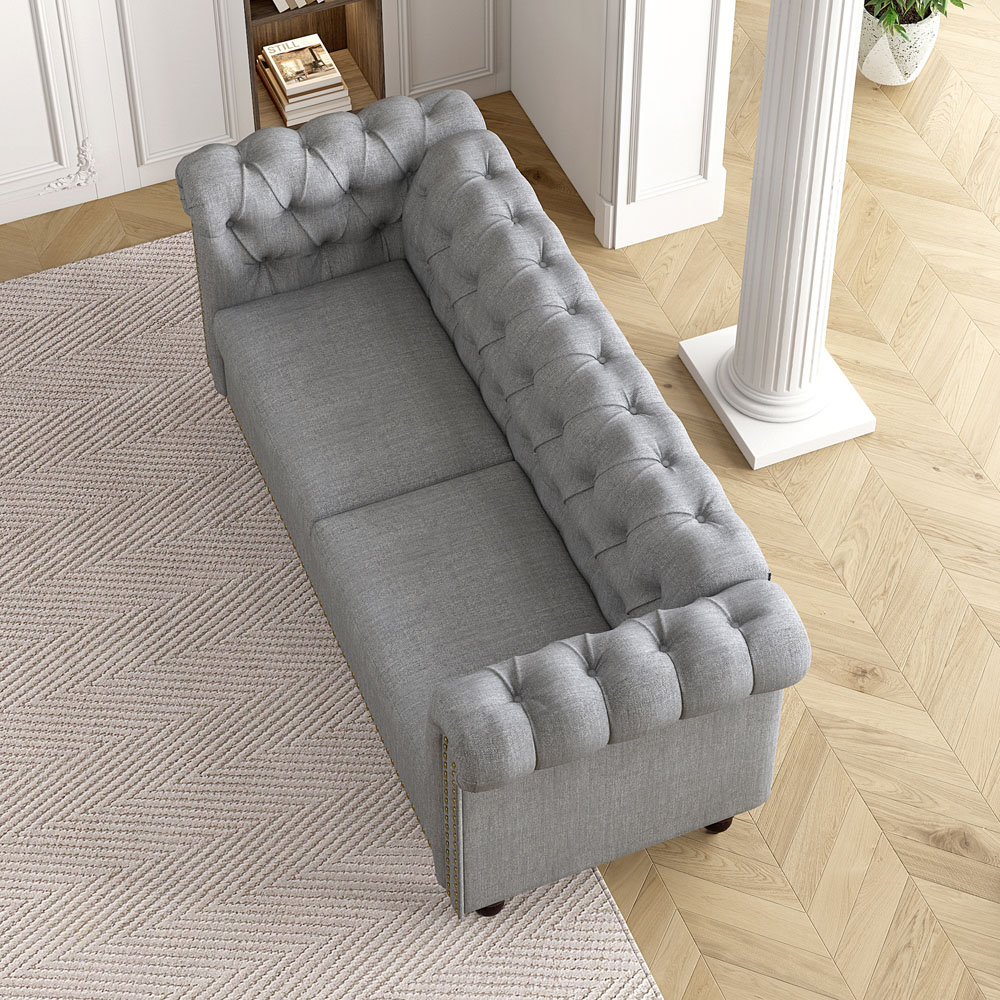 Victoria 2 Seater Grey Linen Button Tufted Chesterfield Sofa Image 6