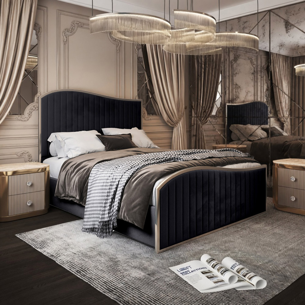 Brixton Black King Size Velvet Upholstered Metal Bed Frame with Wave Headboard Image 5