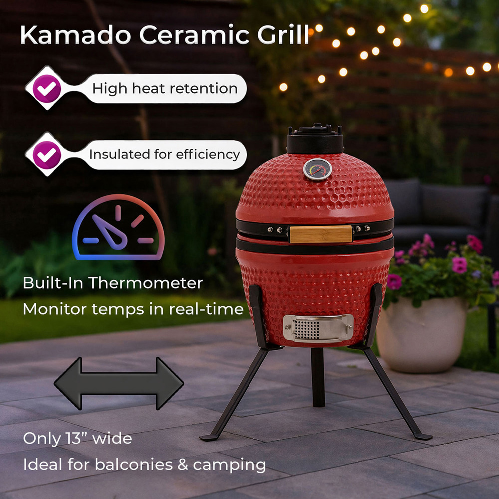Neo Kamado Red Portable Ceramic 13 inch Mini BBQ Grill Smoker with Stand Image 7