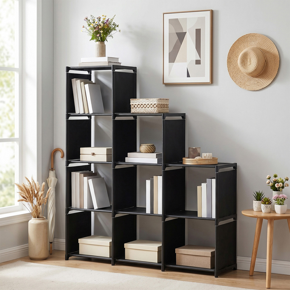 Living and Home 4-Tier Grey Triple Row Storage Shelf with Metal Frame Image 2