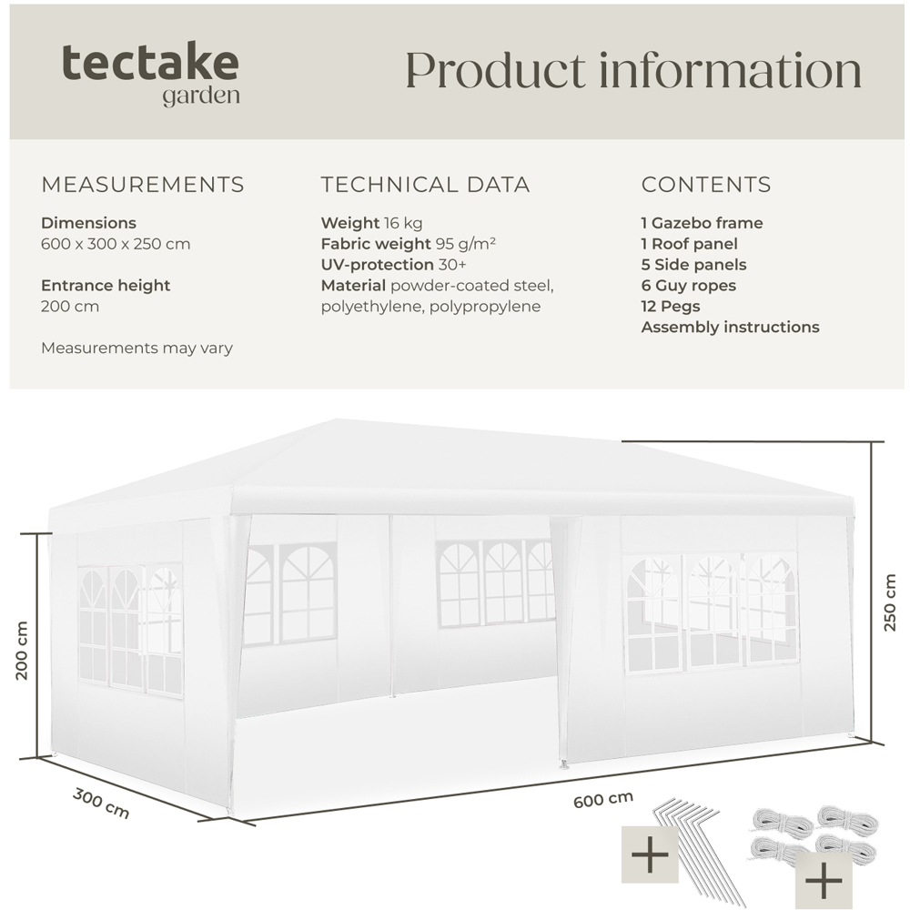 tectake Novara 6 x 3m White Gazebo with 5 Side Panels Image 9