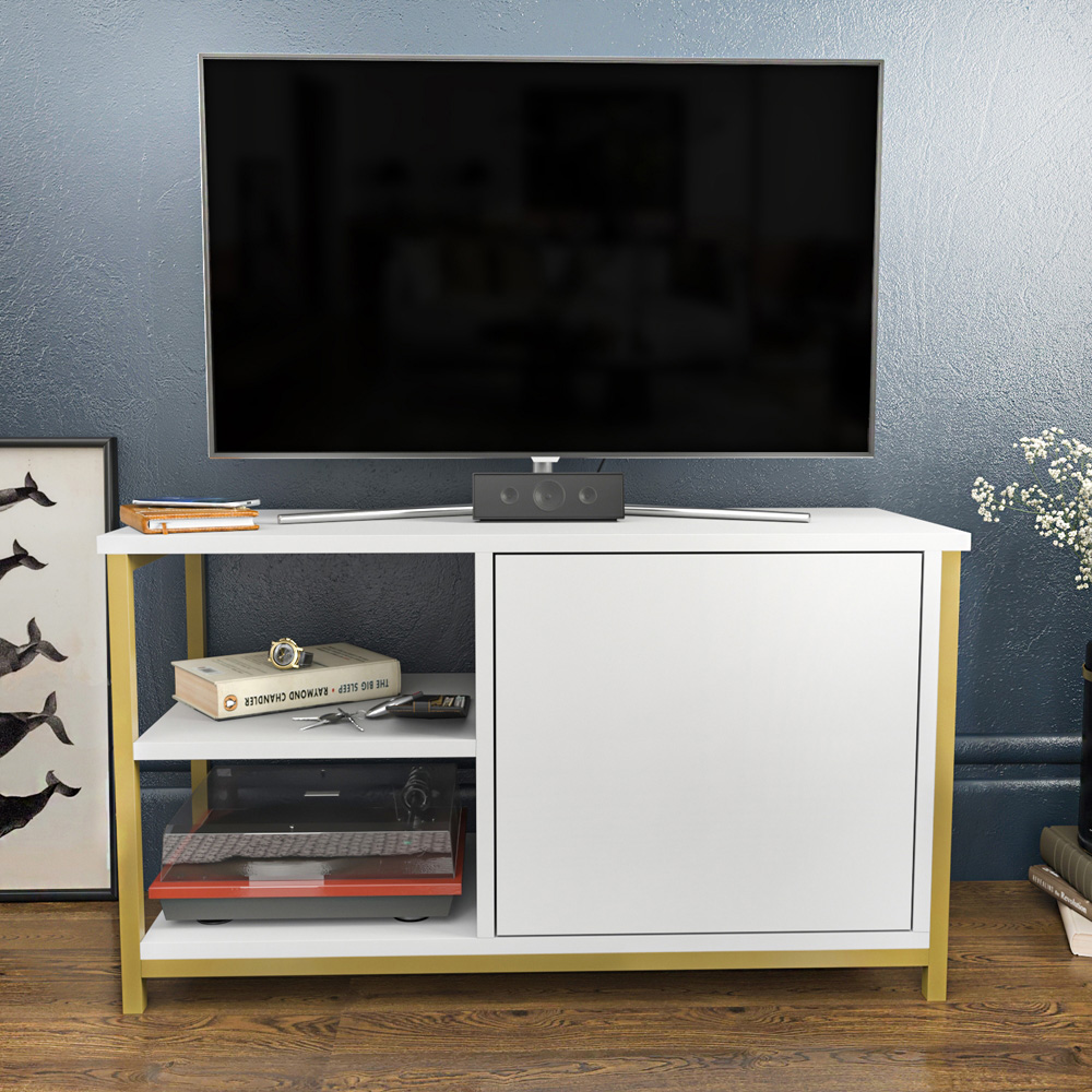 Decorotika Muskegon Single Door and 2 Open Shelf Gold and White TV Unit Image 4