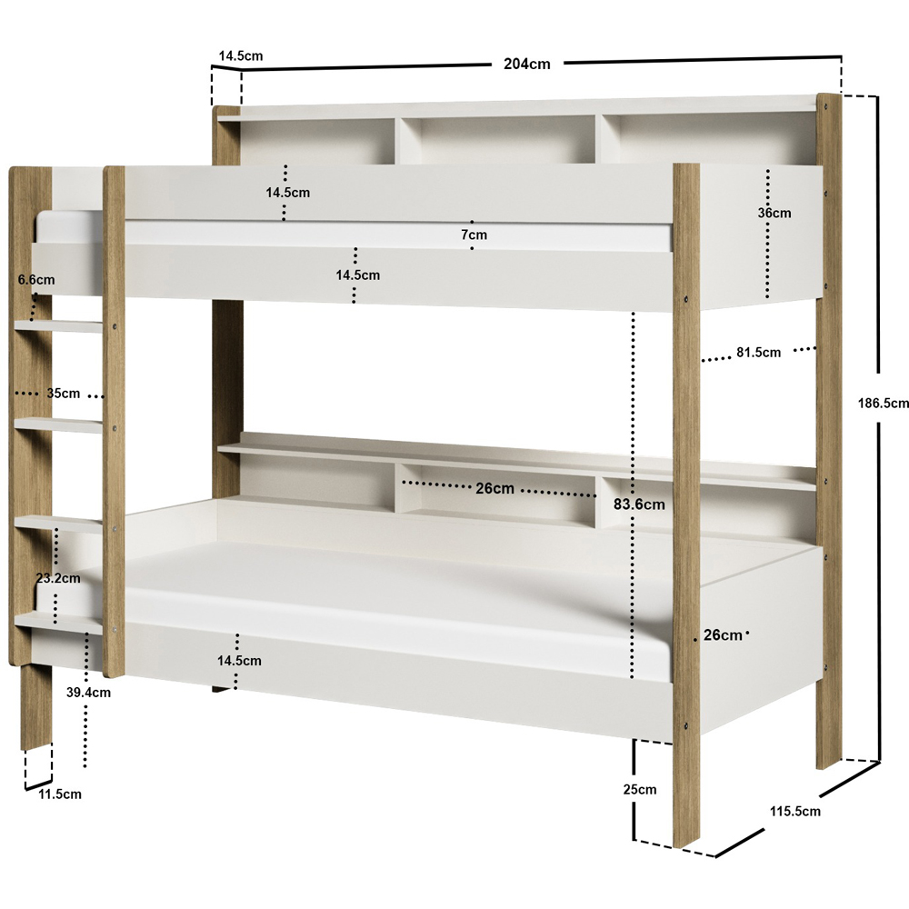 Noomi Bodie Single White and Oak Pine Storage Bunk Bed Image 7