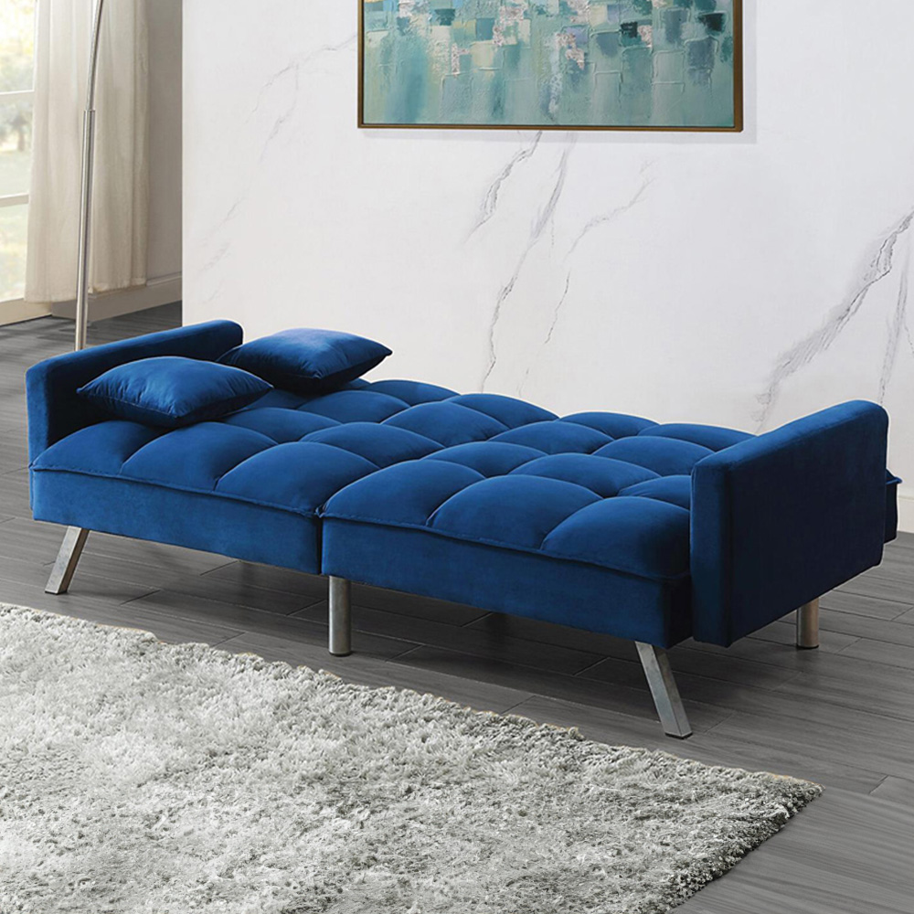 Portland 2 Seater Blue Velvet Sofa Bed with Pillows Image 7