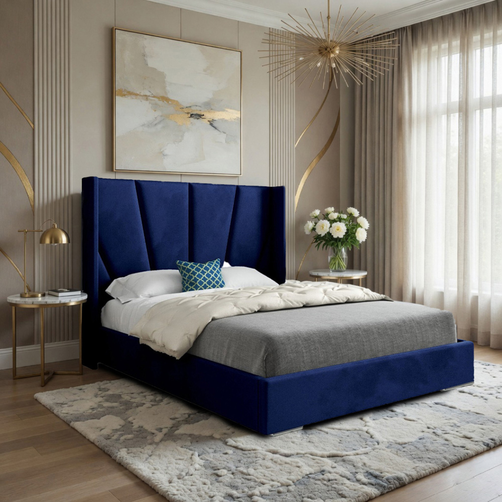 Bellini Blue Double Velvet Upholstered Bed Frame with Wide Curved Winged Headboard Image 5