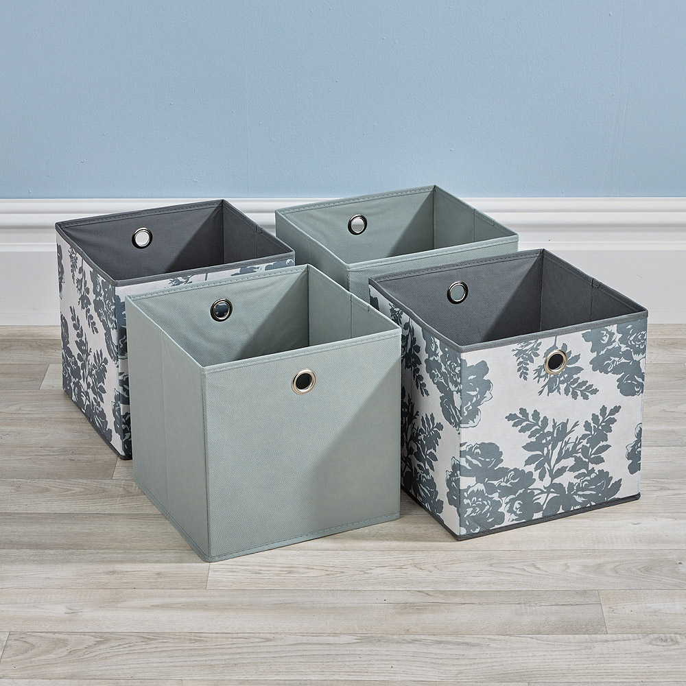 Home Source Grey Mixed Floral Pattern Fabric Cube Storage Box 4 Pack Image 2