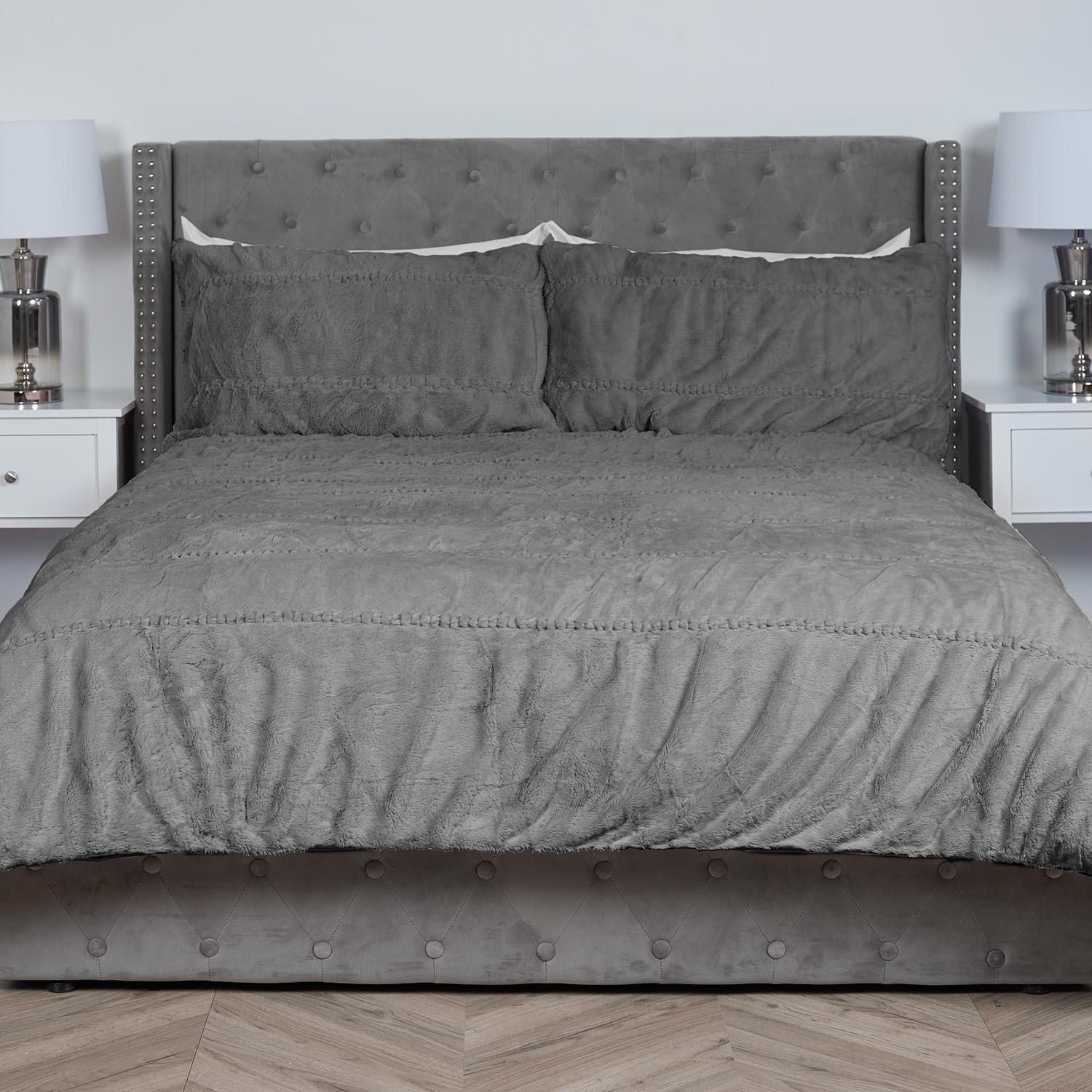 Ruched Faux Fur Duvet and Pillow Case Set - Grey / Superking Image 1