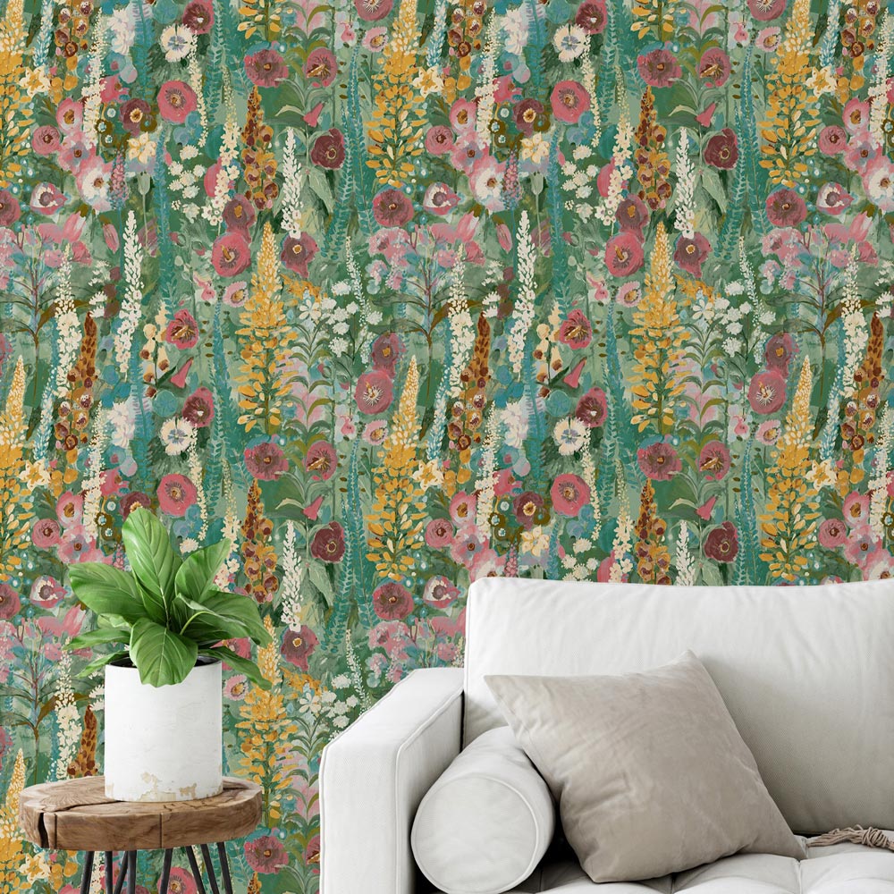 Grandeco Delphinium Forest Floral Garden Textured Green and Pink Wallpaper Image 2