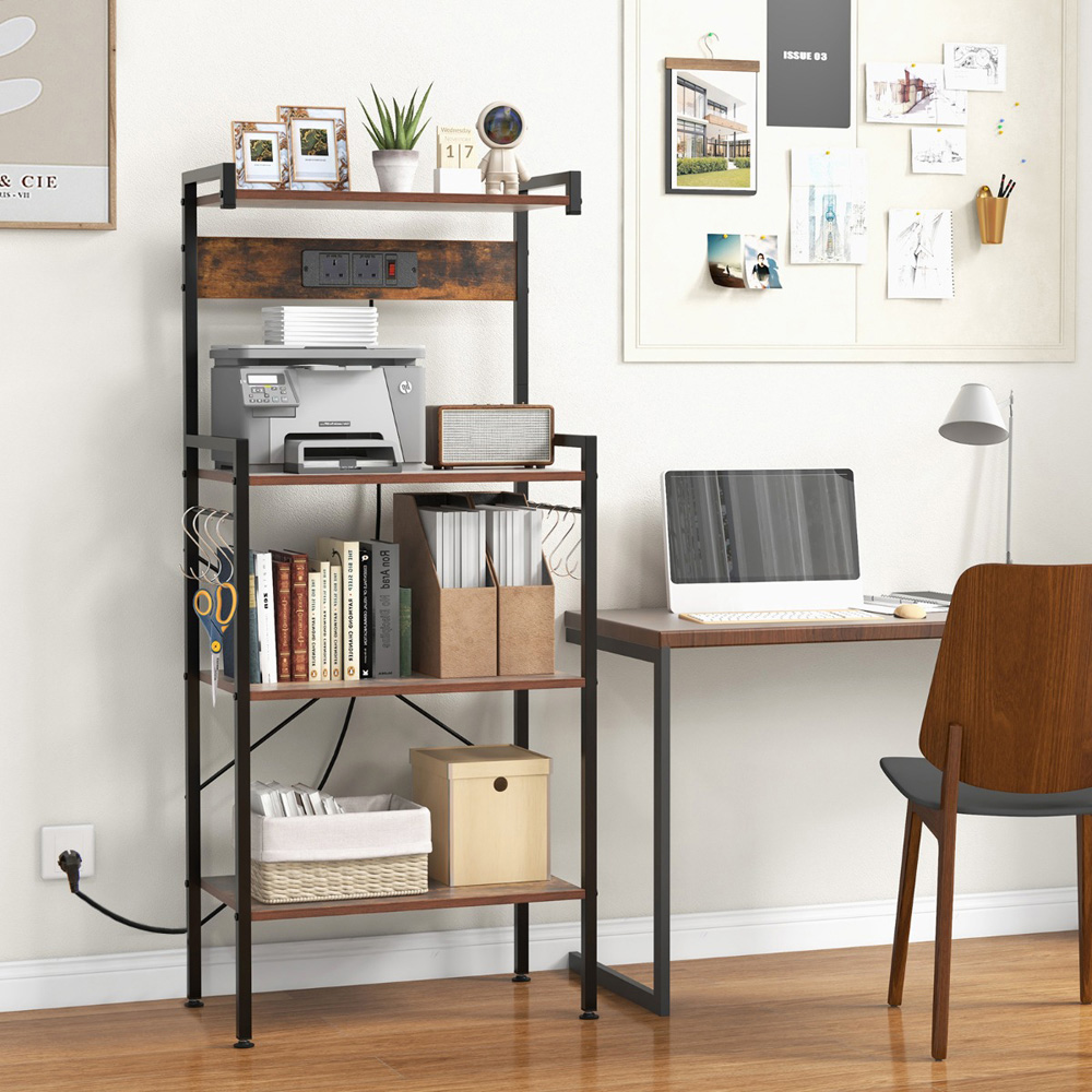 Costway 4 Tier Rustic Brown Kitchen Bakers Rack with Power Outlet and S Hooks Image 4