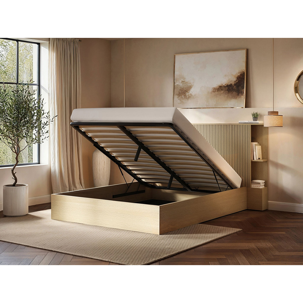 SOLACE+CO Zora Double Oak Lift-Up Ottoman Bed with Headboard Shelf Image 5