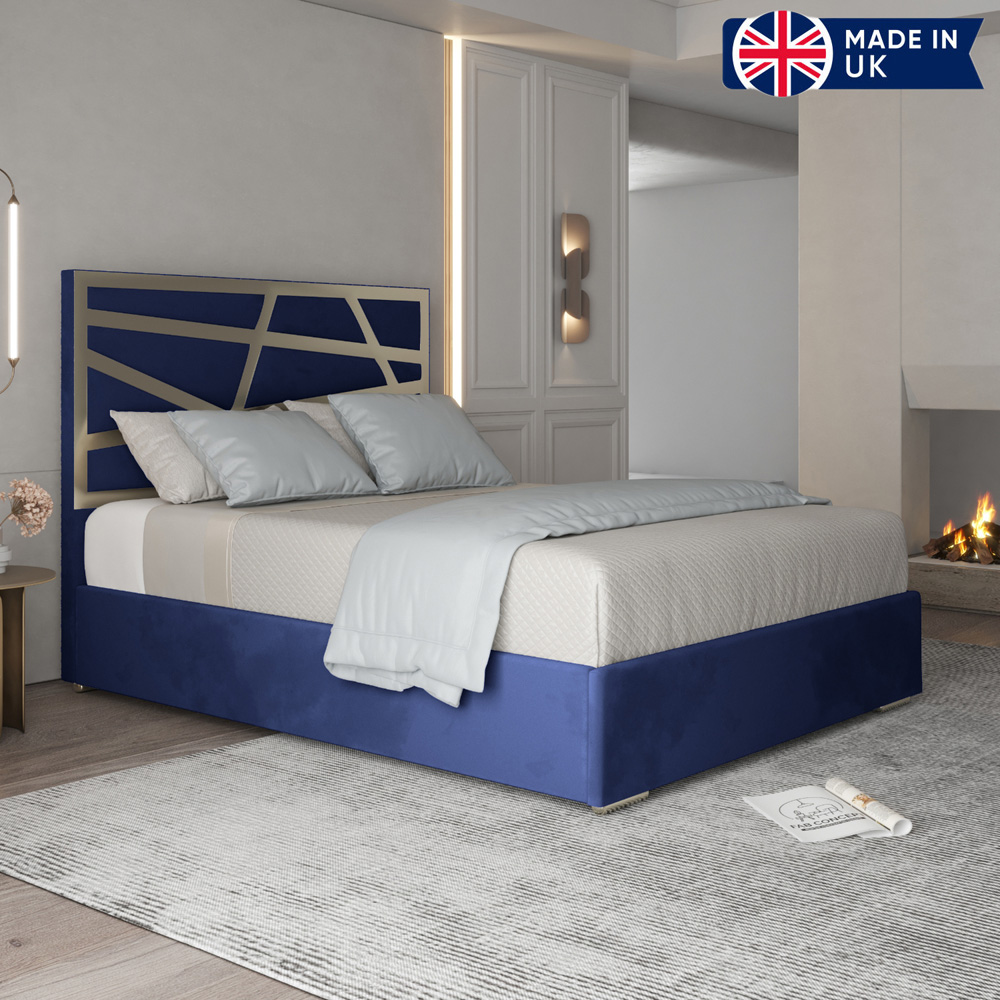 Arabella Blue Super King Size Velvet Upholstered Metal Bed Frame with Panelled Headboard Image 6
