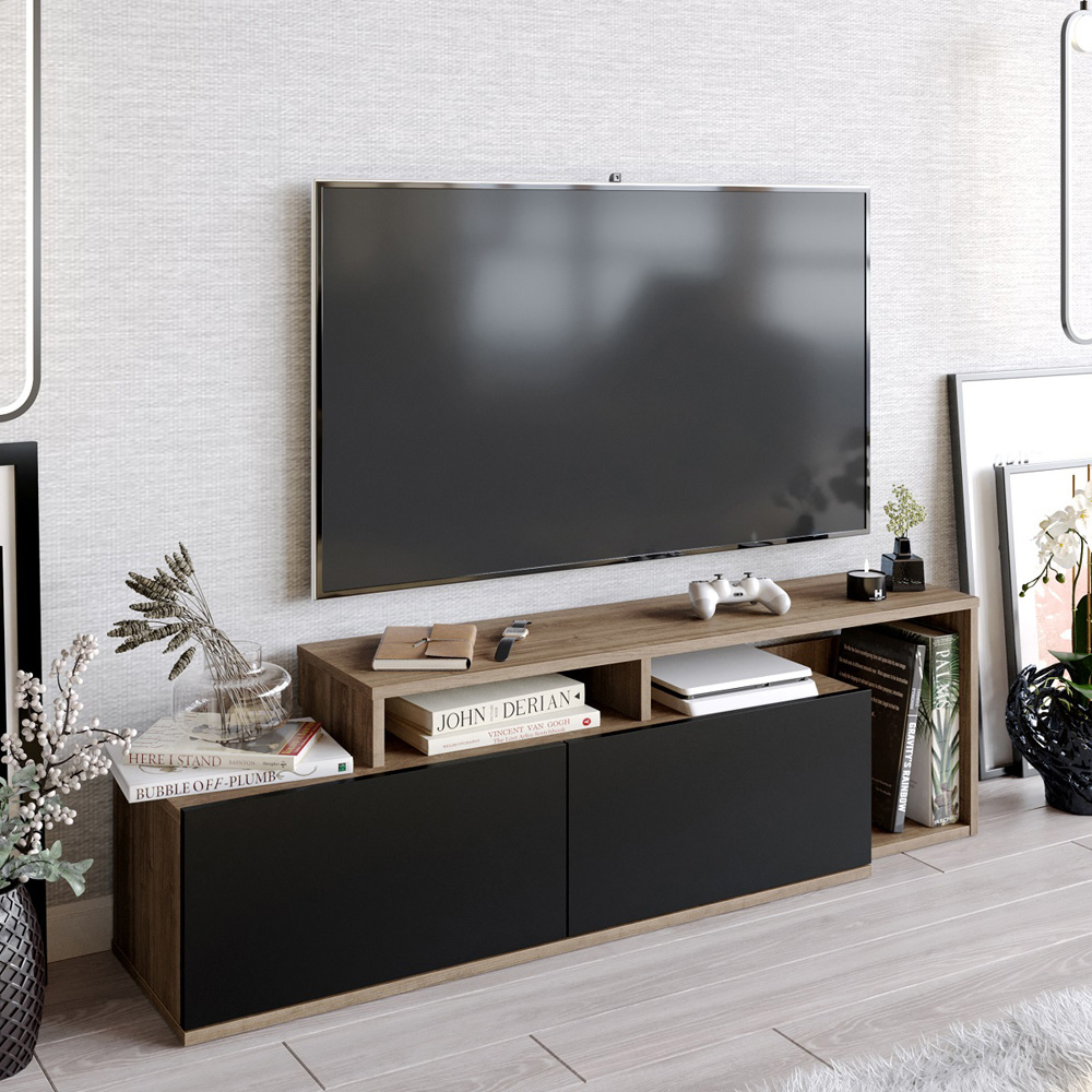 Decorotika Nexera 2 Door Walnut and Black Wide TV Stand Image 4