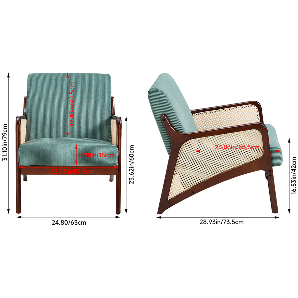 Living and Home Green Corduroy Armchair with Rattan Armrest Image 8