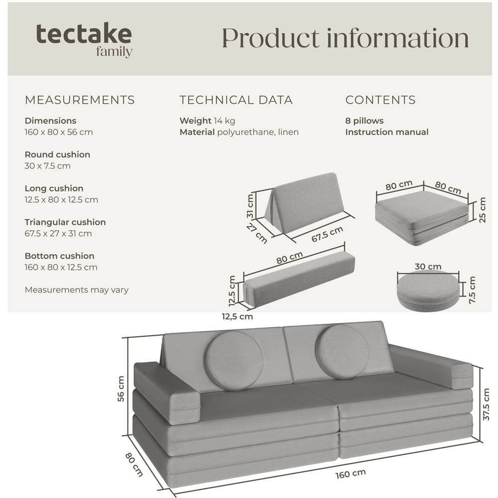 tectake Lilly Grey 8 Piece Thick Padding Kids Sofa with Removable Cover Image 9