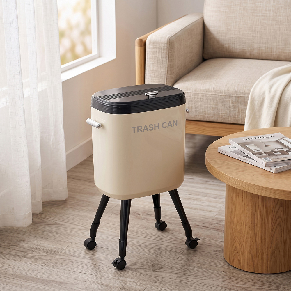 Living and Home Cream Flip Lid Rubbish Bin with Wheels 15L Image 2