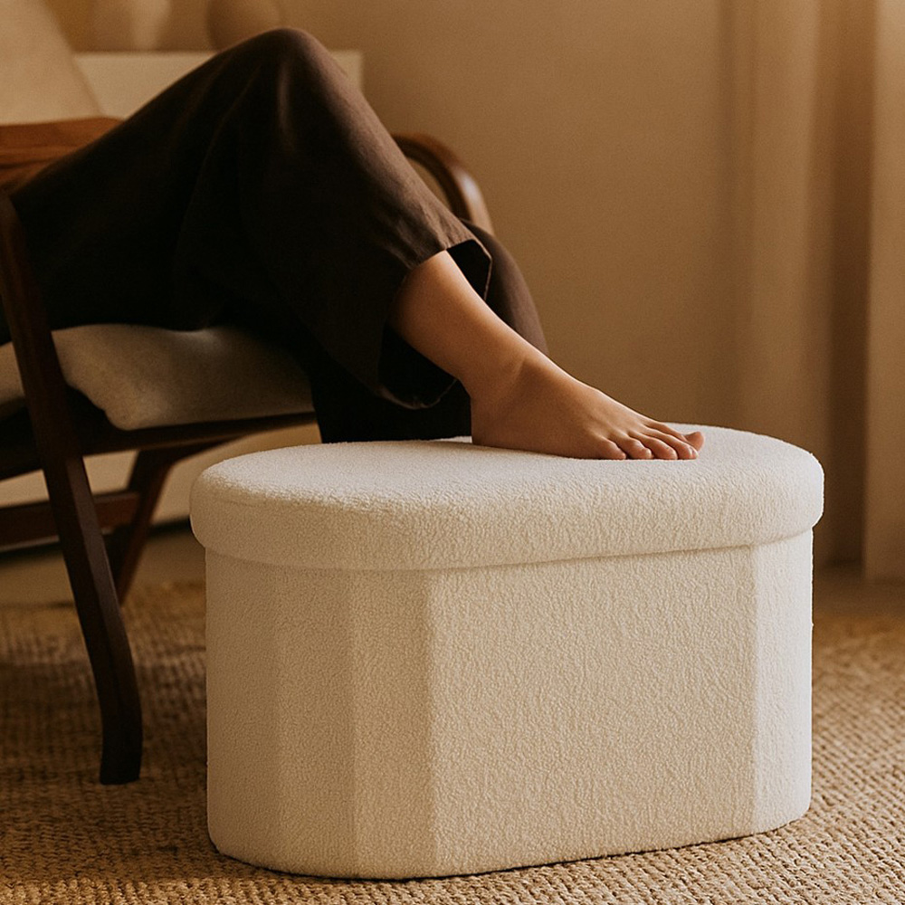 Jack Stonehouse White Teddy Boucle Pouffe Collapsible Ottoman 85L Image 5