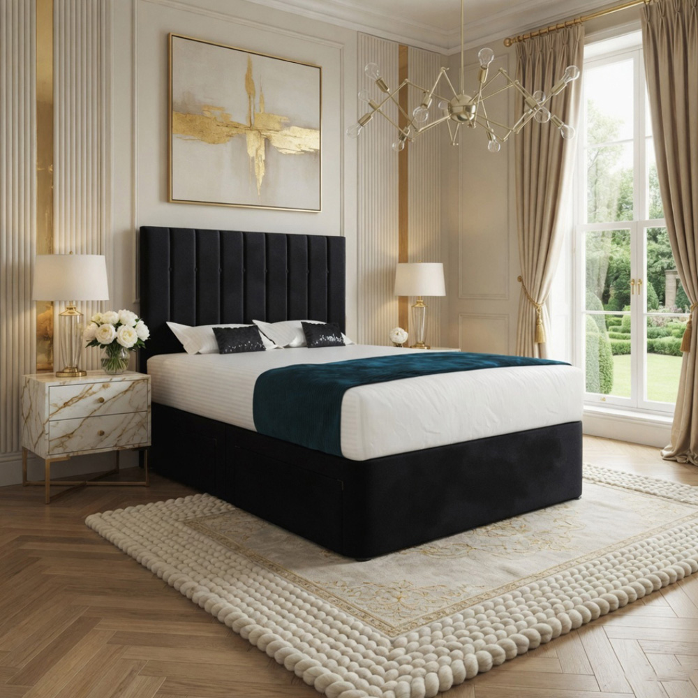 Marcelo Black King Size Velvet Upholstered Divan Bed Frame with Linear Headboard Image 5