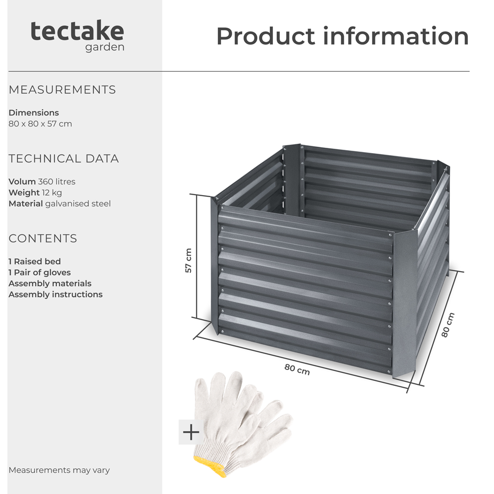 tectake Artemisia 80 x 80cm Grey Galvanised Steel Raised Garden Bed Image 9