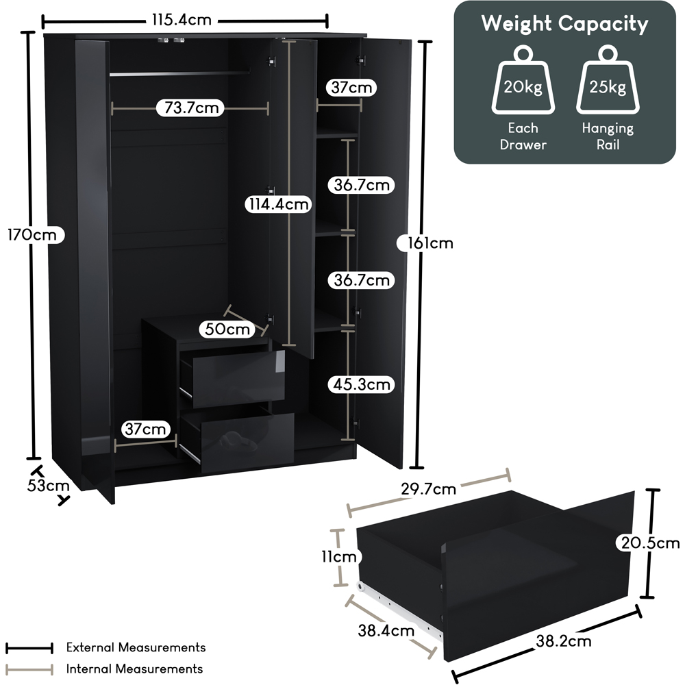 Vida Designs Glinton 3 Door 2 Drawer Black Wardrobe Image 9