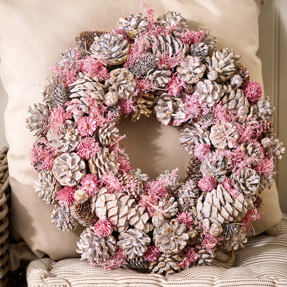 Dibor Pink Winter Sparkle Artificial Christmas Wreath with Pinecones 39cm Image 5