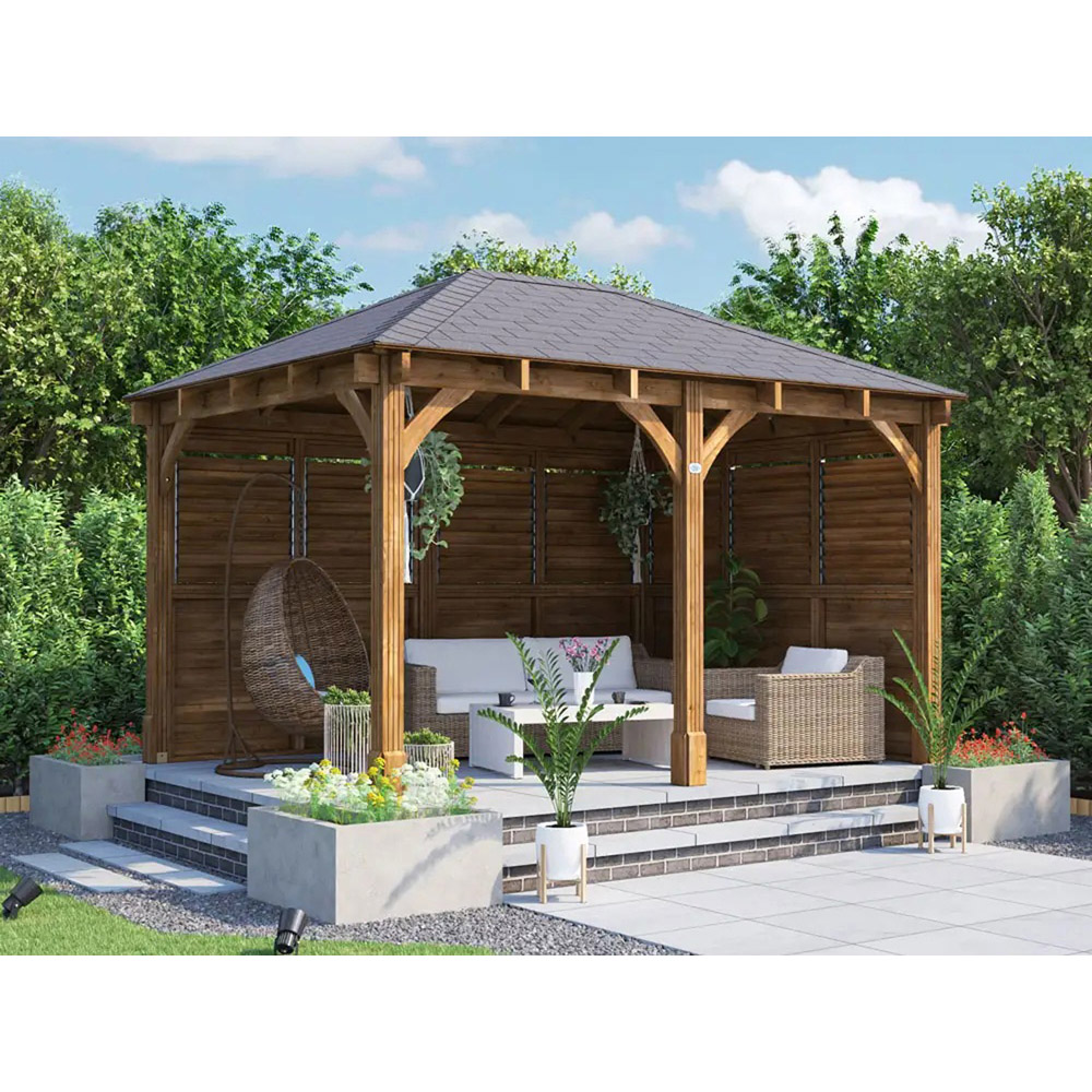 Dunster House Leviathan 4 x 3m Brown Louvre Walled Garden Gazebo with Heavy Duty Roof Shingles Image 3