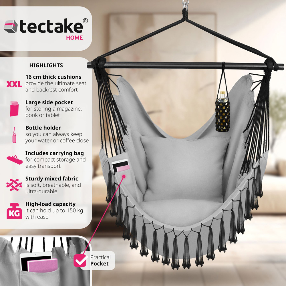 tectake Malika Grey Hanging Chair 150kg Image 6