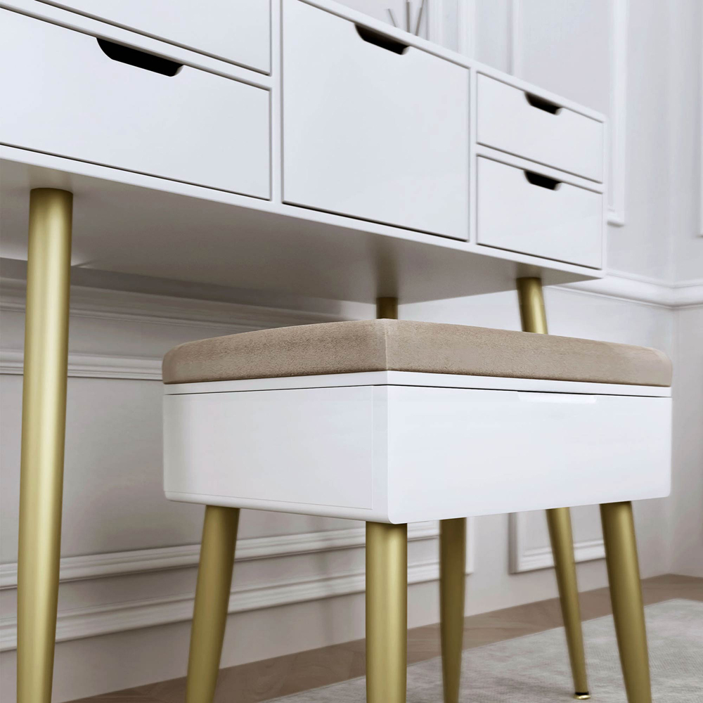 CARME Home Gabriella White and Gold Padded Velvet Storage Stool Image 4
