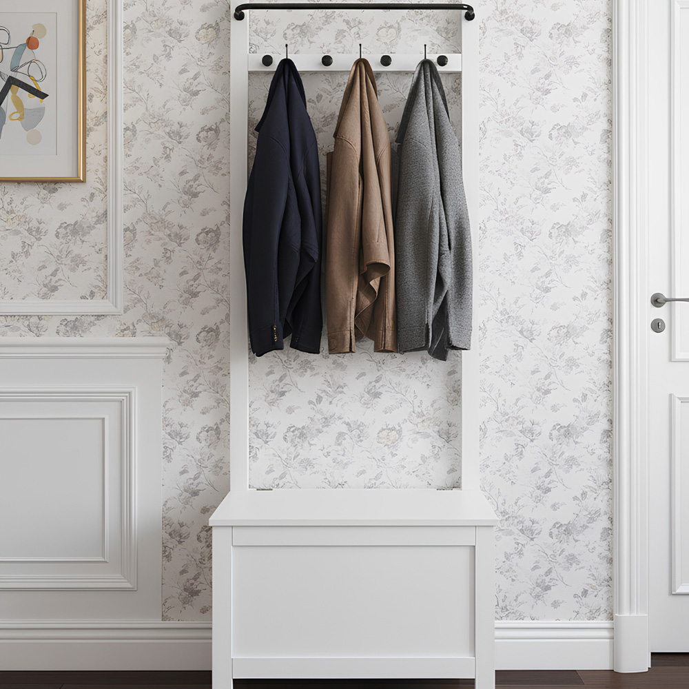 Noa and Nani Karlstad Single Door White Shoe Storage Bench and Coat Hook Image 7