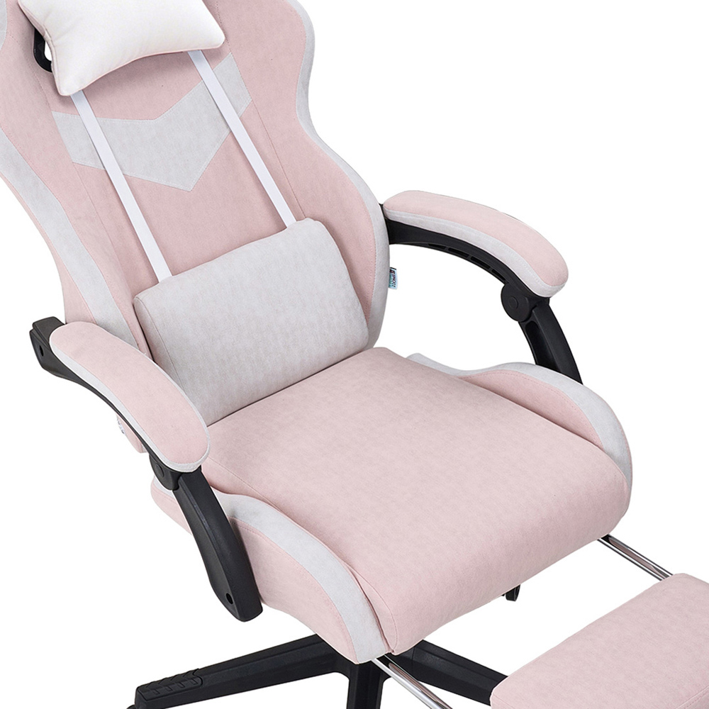 Living and Home White and Pink Fabric Gaming Chair with Footrest Image 3
