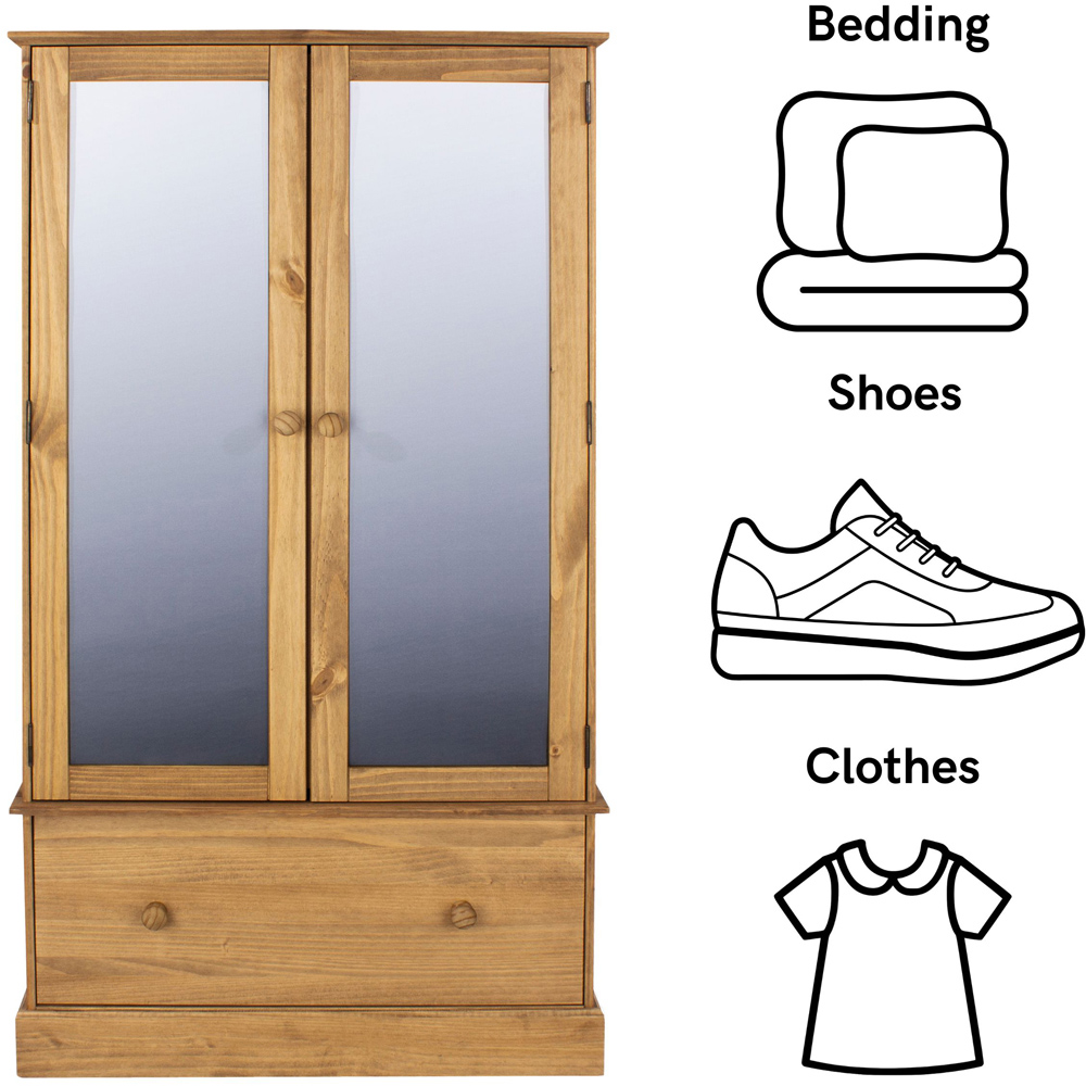 Core Products Cotswold 2 Door Single Drawer Pine Wood and MDF Mirror Wardrobe Image 6