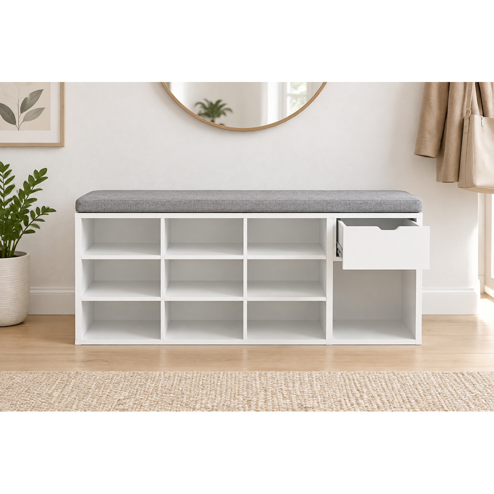 Modcraft Single Drawer 10 Shelf White and Grey Shoe Storage Bench with Cushion Image 5