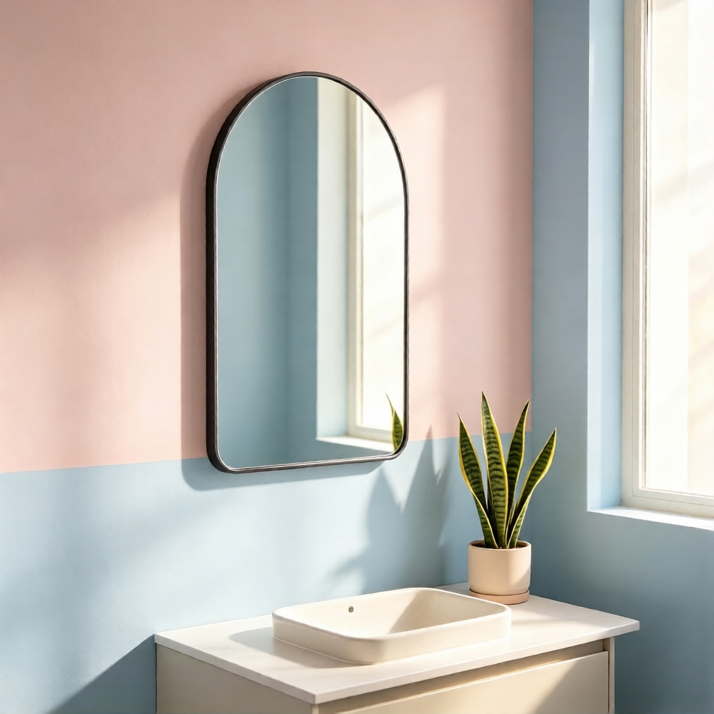 Living and Home Black Arched Aluminium HD Float Glass Bathroom Mirror with Towel Bar 50 x 80cm Image 2