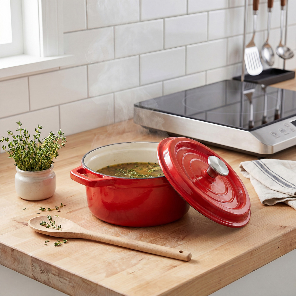 Living and Home 2L Red Enamelled Cast Iron Dutch Oven Image 2