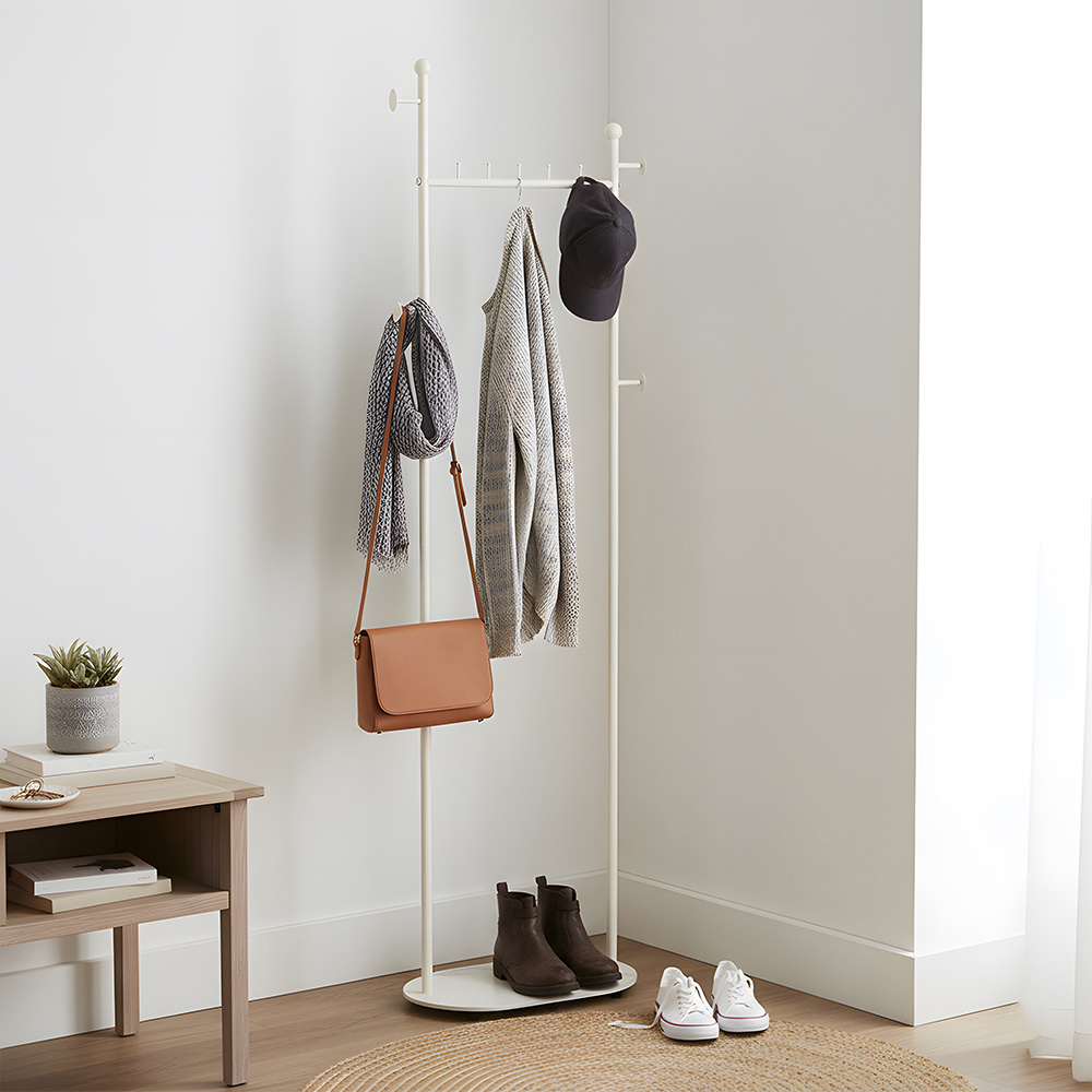Living and Home White Metal Clothes Rack with 4 Hooks and Marble-Effect Base Image 2