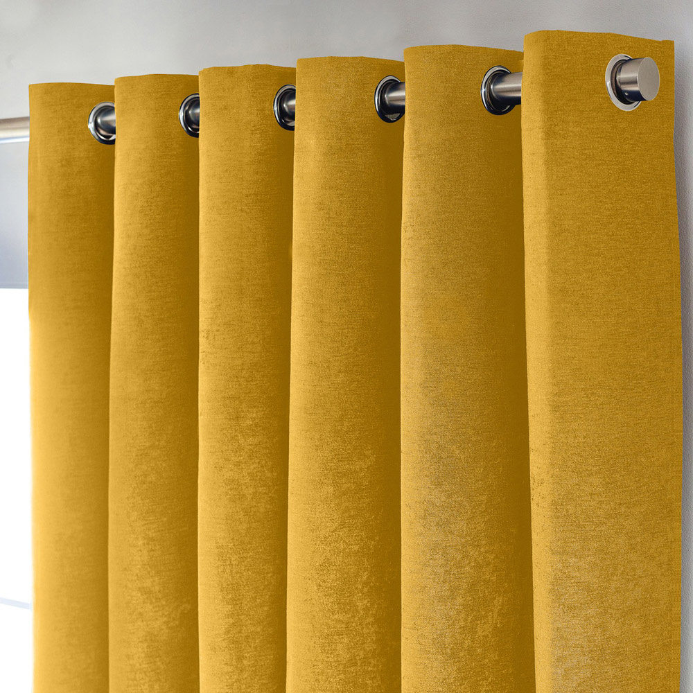 Alan Symonds Ochre Chenille Blackout Ring Top Eyelet Curtains 117 x 183cm Image 2