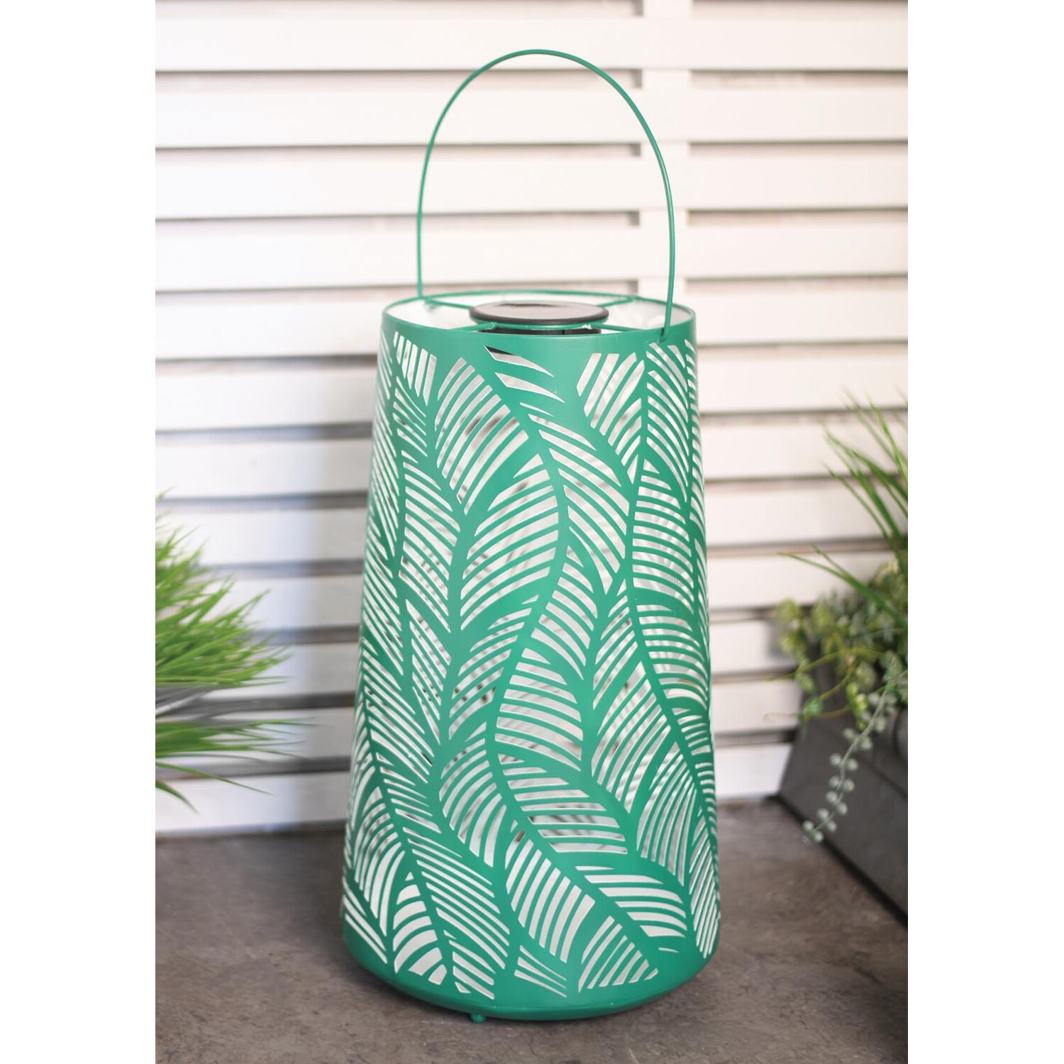 Solar Metal Lantern with Leaf Pattern - Green Image 2