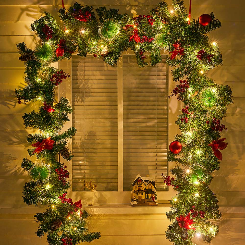 Living and Home Christmas Garland with Red Baubles Berries and Pinecones 270cm Image 2