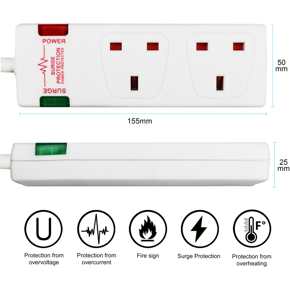 ExtraStar White 13A 5m 2 Socket Surge Protected Extension Lead Image 6