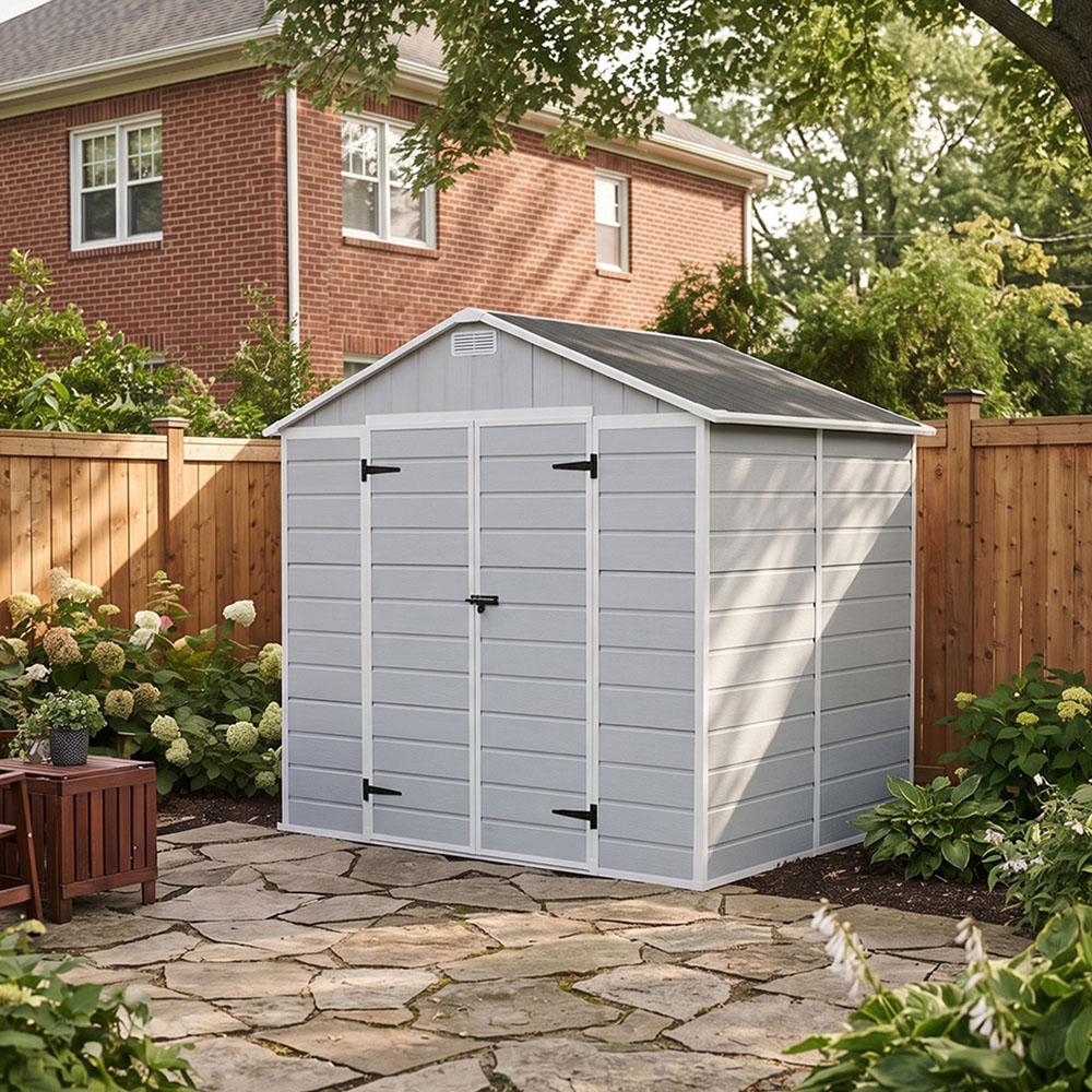 Living and Home 8 x 6ft Smokey Grey Wood Grain Plastic Apex Storage Shed Image 8